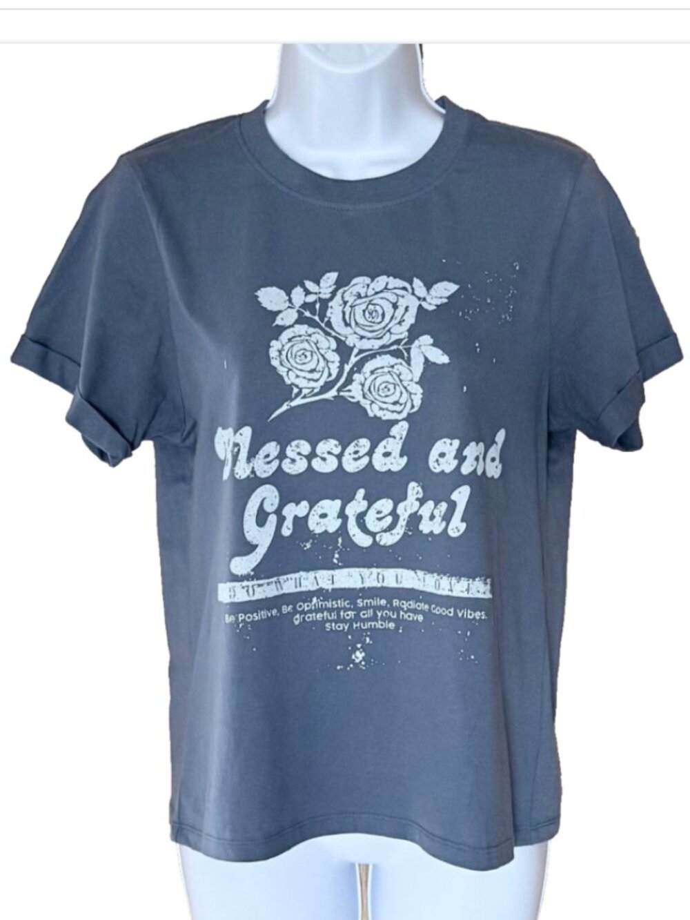 Womens Inspiration Christian TShirt "Blessed and Grateful" Blue Short Sleeve Tee